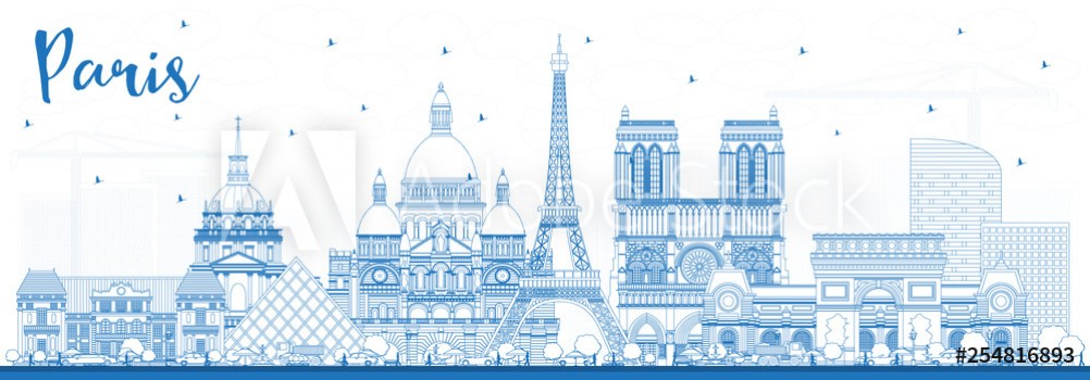 Picture of Outline Paris France City Skyline with Blue Buildings